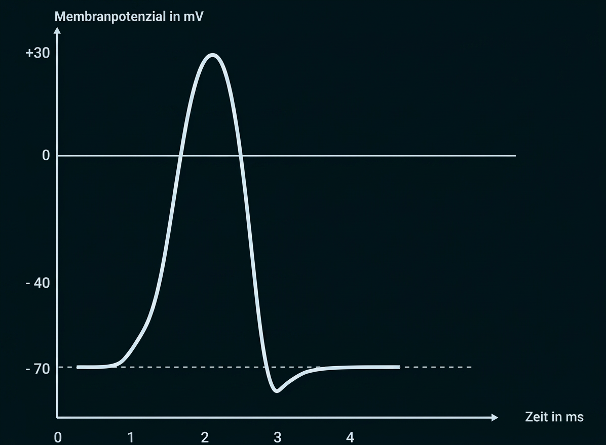 Diagramm eines Aktionspotenzials mit Membranpotenzial-Verlauf über die Zeit.